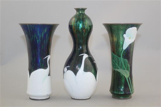 Three Japanese Musen and Moriage enamel vases, c.1900-10, signed Hattori Tadasaburo, 15.2cm and 18.3cm, some damage